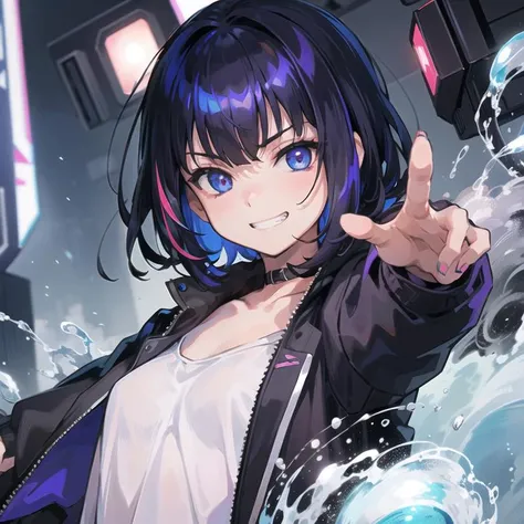 (8k, RAW photo, best quality, masterpiece:1.2), beautiful detailed eyes,floating hair,
small breasts,

1girl, solo, (HibikiHimekawa:1.3), cute, grin, face focus, 15 yo girl,small breasts,teeth,upper body,cyberpunk,
short hair,multicolored hair, black hair,purple hair,blue hair,cross hair ornaments,blue eyes,

looking at viewer,
<lora:mahjongsoul_hibiki:0.4> ,