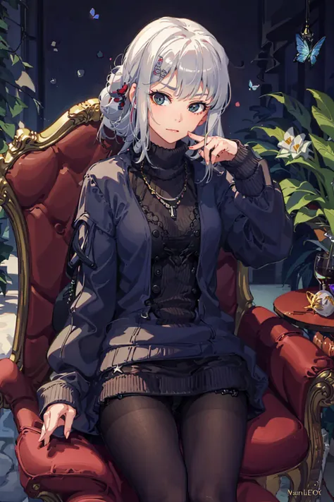 (best quality), (masterpiece), (detailed),<lora:mahjongsoul_yui:0.7>,1girl,solo,silver hair,sweater,pantyhose,sitting,cowboy shot