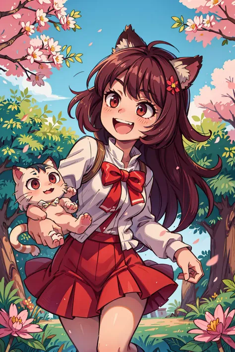((best quality, masterpiece)), ((style-swirlmagic):0.5),
1girl,Majsoul,Ichihime, smiling, open mouth, cat ears,skirt ,cherry blossoms, sunbeam, daylight, clouds on background, trees, 
<lora:more_details:0.5>  <lora:Ichihime-000015:0.5>