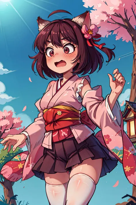 ((best quality, masterpiece)), ((style-swirlmagic):0.5),
1girl,Majsoul,Ichihime, kimono, embarrassed <lora:ArsEmbarrassed-t5:0.5>, black skirt, ((white thighhighs):1.2) , blush , open mouth, cat ears,cherry blossoms, sunbeam, daylight, japan, clouds on background, trees,
<lora:more_details:0.5> <lora:Ichihime-000015:0.55>