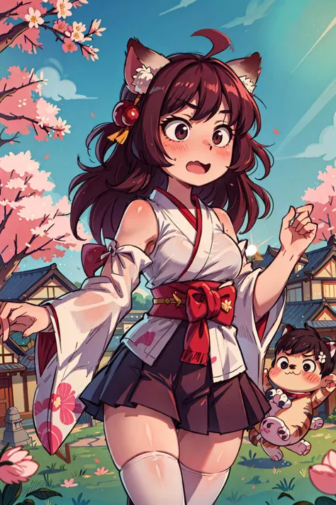 ((best quality, masterpiece)), ((style-swirlmagic):0.5),
1girl,Majsoul,Ichihime, kimono, embarrassed <lora:ArsEmbarrassed-t5:0.5>, black skirt, ((white thighhighs):1.2) , blush , open mouth, cat ears,cherry blossoms, sunbeam, daylight, japan, clouds on background, trees,
<lora:more_details:0.5> <lora:Ichihime-000015:0.55>