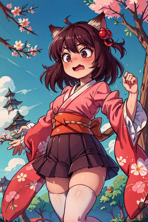 ((best quality, masterpiece)), ((style-swirlmagic):0.5),
1girl,Majsoul,Ichihime, kimono, embarrassed <lora:ArsEmbarrassed-t5:0.5>, black skirt, ((white thighhighs):1.2) , blush , open mouth, cat ears,cherry blossoms, sunbeam, daylight, japan, clouds on background, trees,
<lora:more_details:0.5> <lora:Ichihime-000015:0.55>