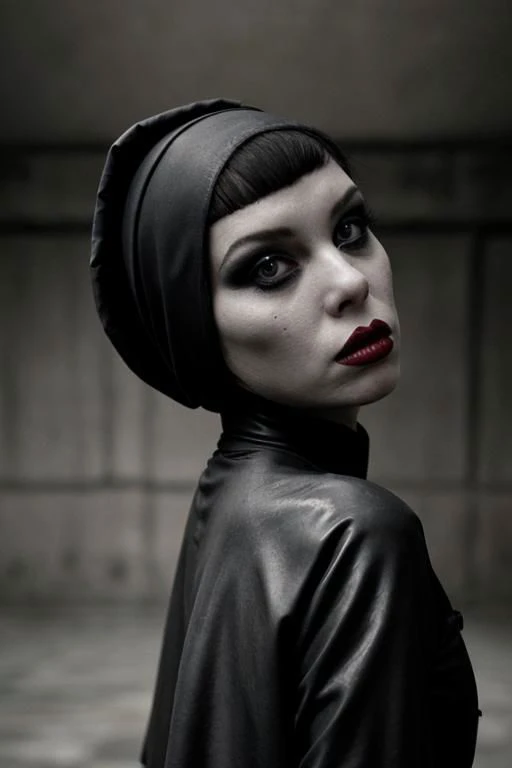 dim light, natural backlighting, in a dark smoky room, brutalist, cement, concrete, weird unusual angle full shot of a young latex nun, enticing pose, haunted sinister expression, slightly parting lips, detailed face, intricately detailed, refined editorial photography