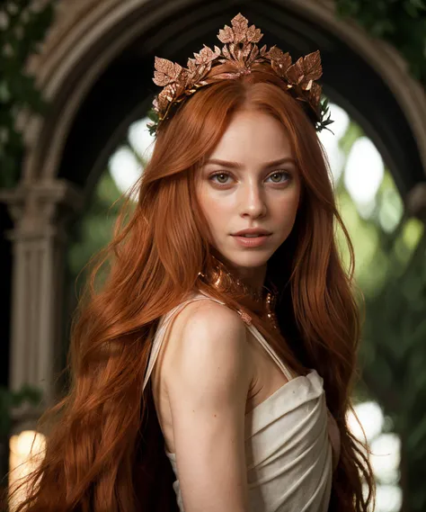 A close up of a woman with long red hair wearing a crown - SeaArt AI
