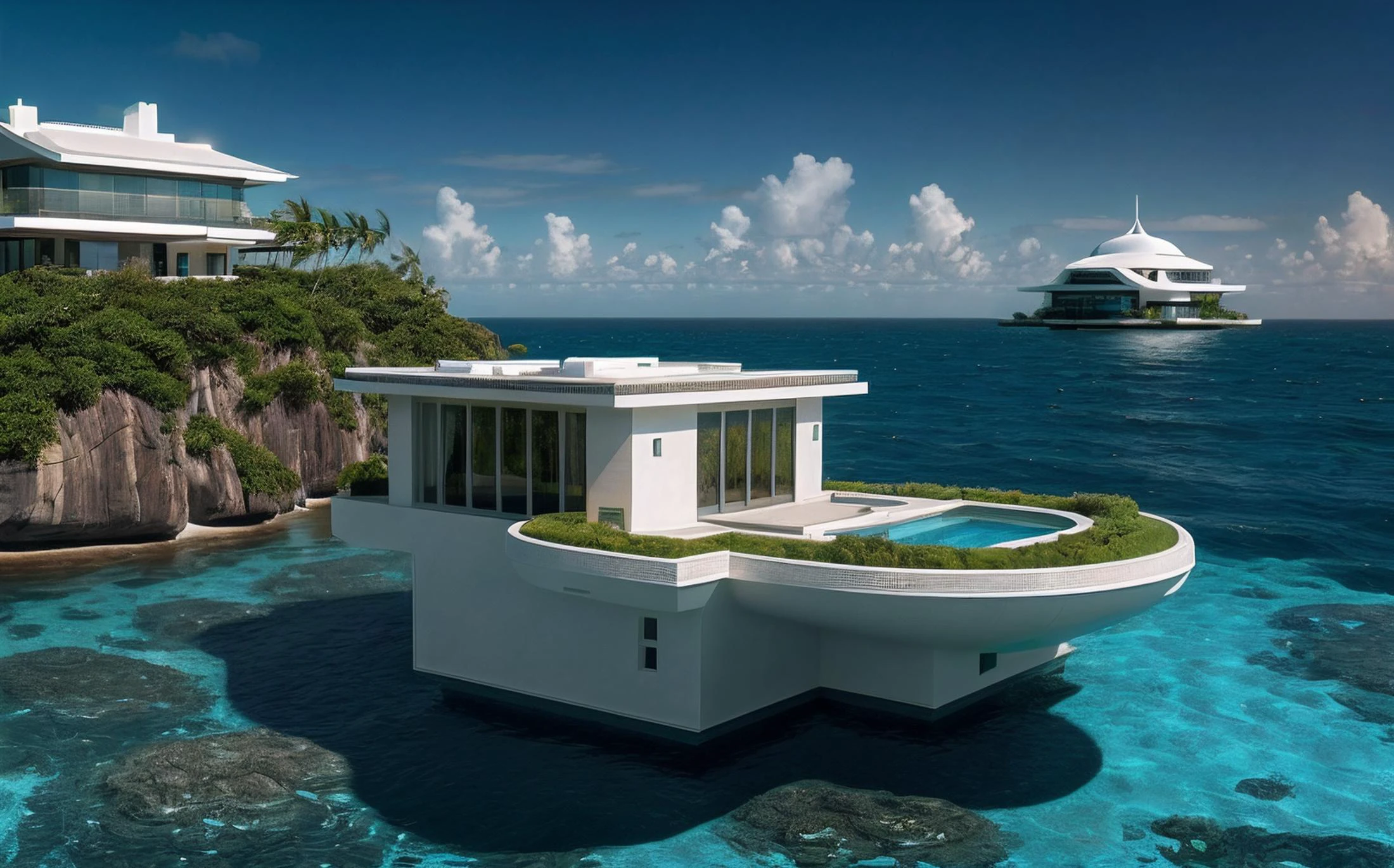 architecture, sci-fi, complex design, aluminium, copper, grass on wall, white woods, futuristic aesthetic, ((isolated villa in the middle of the sea:1.3)) , sharp picture, (sharp outlines:1), highres, rutkowski, mucha, (Photorealistic:1.4), intricate background, (wide view, beautiful villa, sharp environment:1), art by Alessio Albi, Illustration, (F/16:1.1), 50mm, (undersaturated:1.1), centerfold, (dark shot, dark theme, hard shadows, deep contrast:1.2), (panorama), Hurricane, Ultrarealistic, Manic, Pixiecore, biomorphic forms