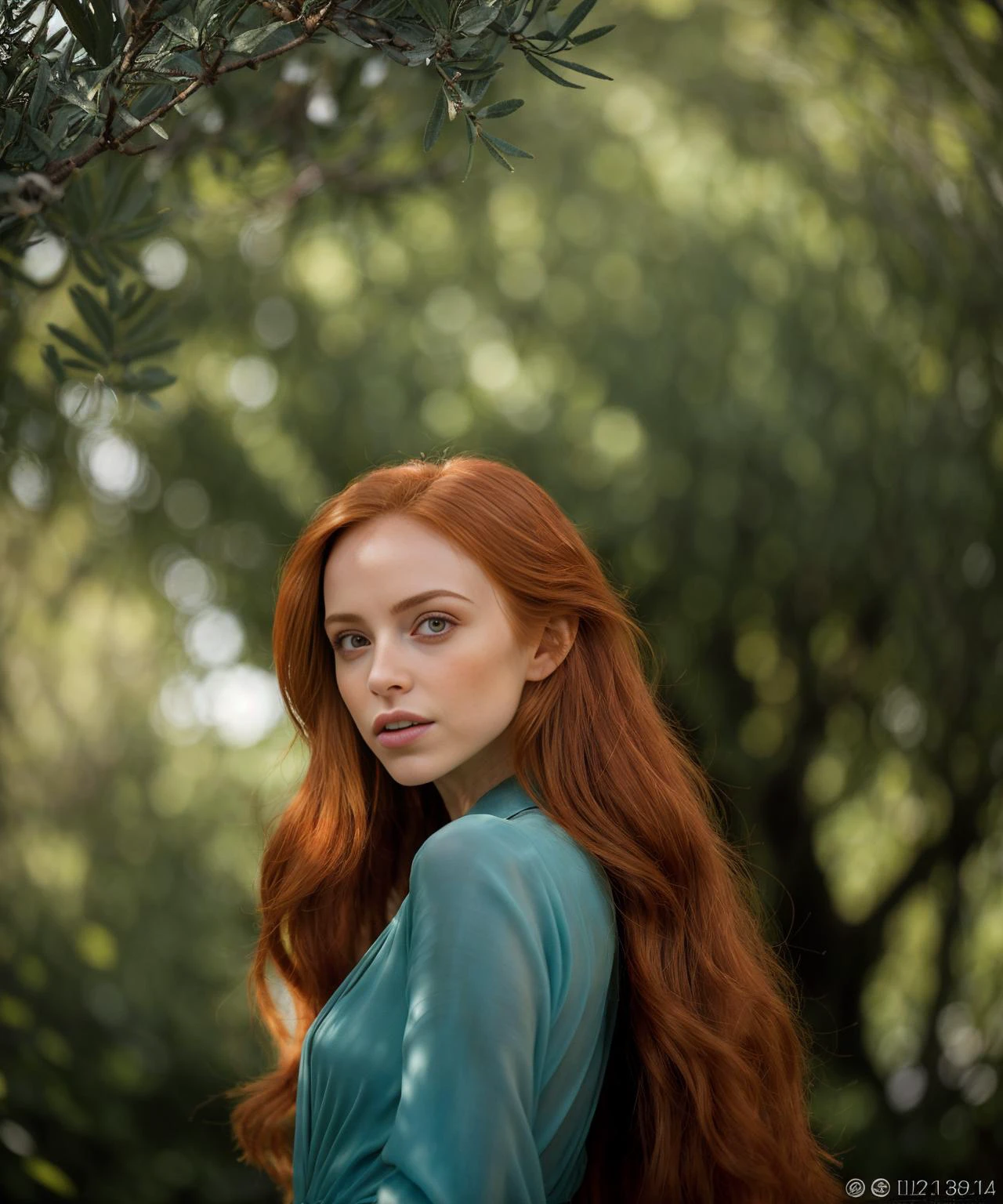 hyperdetailed photo of jp-Tut1a-2000,
"Auburn Grace"
In a grove where olives meet the sky,
Stands a maiden, hair like autumn's fire.
Her gown, azure as the Aegean sea,
Shines as bright as her sun-kissed lyre.