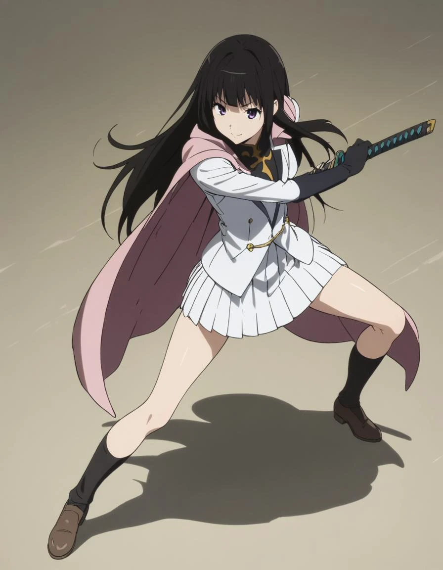 1girl,,solo,
<lora:chitandaeruXL1:0.8>,chitandaeru,
long hair, black hair, purple eyes,
smile,
<lora:roundXL1:0.8>,round,
knights of the round uniform,black gloves,pink cape,white skirt,
<lora:iaidou_XL_v1:0.8>iaidow,weapon, katana, holding sword, ready to draw, sheathed, unsheathing, scabbard, fighting stance, battoujutsu stance, closed mouth,
full body,
masterpiece, best quality, ultra detailed, highres,4k,(ultra-detailed:1.4) (illustration:0.5), (ray tracing,:0.8),(anime colored:0.7),(ai-generated:0.5),