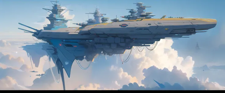 flying warship, no humans, letterboxed, spacecraft, cloud, sky, turret <lora:flying warship-noise-000014:1>