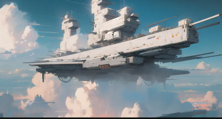 flying warship, no humans, spacecraft, science fiction, sky, cloud, letterboxed<lora:flying warship-noise:1>