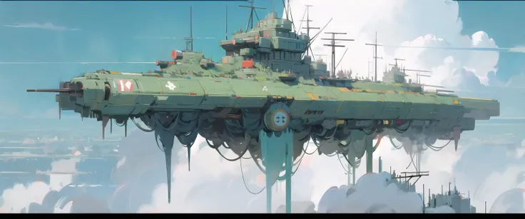 flying warship, no humans, cloud, sky, radio antenna,turret,   <lora:flying warship-noise:1>