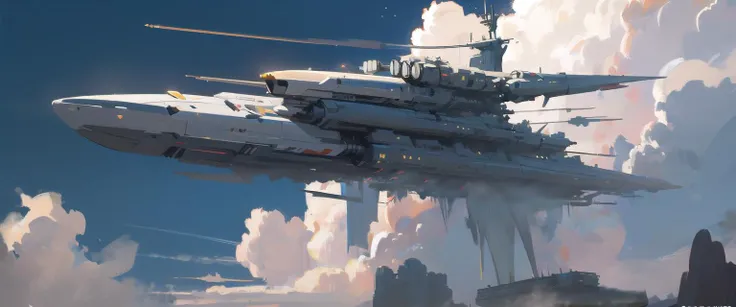 flying warship, night sky, cloud, sky, science fiction, no humans, spacecraft, realistic <lora:flying warship-noise:0.6>