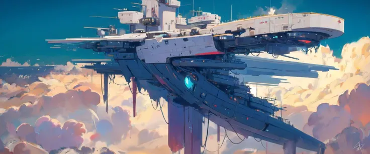 flying warship, no humans, cloud, science fiction, sky, spacecraft <lora:flying warship-noise-000013:1>