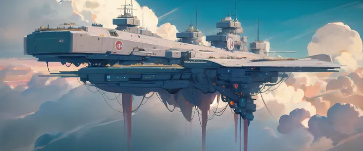 flying warship, no humans, cloud, science fiction, sky, spacecraft <lora:flying warship-noise-000013:1>