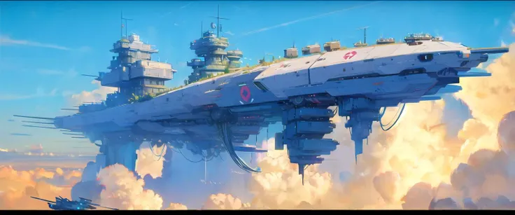 flying warship, no humans, letterboxed, spacecraft, cloud, sky, turret <lora:flying warship-noise:1>