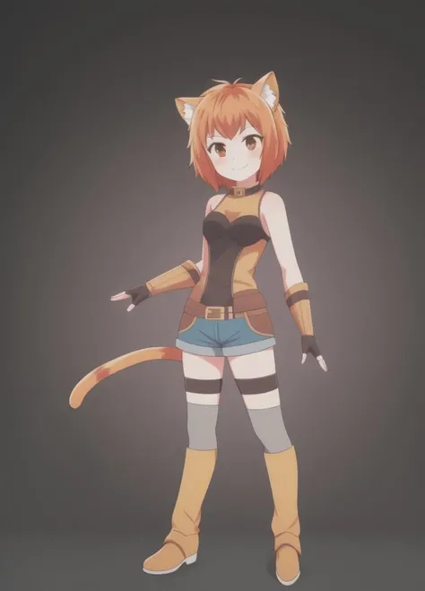 <lora:Loa:1.0>, Loa, 1girl, animal ears, armor, armored boots, bare shoulders, belt, black background, black thighhighs, blush, boots, breasts, brown eyes, brown hair, cat ears, cat tail, closed mouth, fingerless gloves, full body, gloves, grey footwear, grey thighhighs, leotard, looking at viewer, orange hair, short hair, short shorts, shorts, simple background, sleeveless, small breasts, smile, solo, standing, tail, thighhighs, yellow leotard