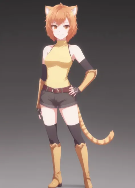 <lora:Loa:1.0>, Loa, 1girl, animal ears, armor, armored boots, bare shoulders, belt, black background, black thighhighs, blush, boots, breasts, brown eyes, brown hair, cat ears, cat tail, closed mouth, fingerless gloves, full body, gloves, grey footwear, grey thighhighs, leotard, looking at viewer, orange hair, short hair, short shorts, shorts, simple background, sleeveless, small breasts, smile, solo, standing, tail, thighhighs, yellow leotard