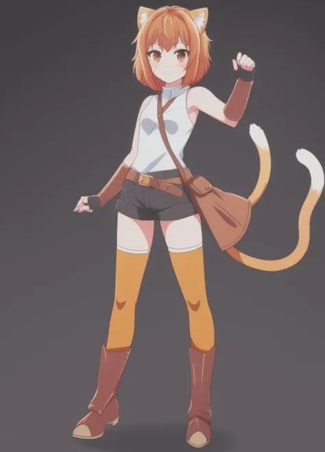 <lora:Loa:1.0>, Loa, 1girl, animal ears, armor, armored boots, bare shoulders, belt, black background, black thighhighs, blush, boots, breasts, brown eyes, brown hair, cat ears, cat tail, closed mouth, fingerless gloves, full body, gloves, grey footwear, grey thighhighs, leotard, looking at viewer, orange hair, short hair, short shorts, shorts, simple background, sleeveless, small breasts, smile, solo, standing, tail, thighhighs, yellow leotard