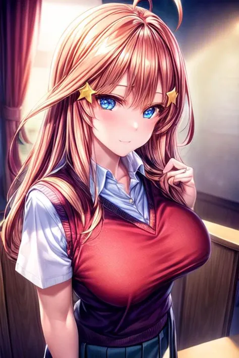 (masterpiece:1.2), best quality, high resolution, unity 8k wallpaper, (illustration:0.8), (beautiful detailed face:1.2, beautiful detailed eyes:1.2), perfect lighting, extremely detailed CG, (perfect hands, perfect anatomy), 
Cute, beautiful, charming lady, shiny hair, lustrous skin, beautiful light big eyes, 
milf, married woman, soft With a gentle appearance and a gentle mother-like atmosphere,
Feminine style, beautiful kubire, beautiful, naughty face,
<lora:ä¸­é äºæ Itsuki Nakano (The Quintessential Quintuplets):0.8>, itsuki_a, long hair, ahoge, red hair, blue eyes, large breasts, star hair ornament, hair ornament, school uniform, red sweater, sweater vest, short sleeves, shirt, white shirt, green skirt, pleated skirt, white socks, high socks, loafers, dark brown loafers,
, <lora:add_detail:1.0>