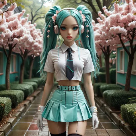 ((2girls :1,5)) female, ((masterpiece, best quality, ultra detailed, absurdres):1.5),mikusound,,miku, hatsune_miku, skirt, holding,shirt, gloves, holding, hair between eyes, twintails, very long hair, closed mouth, standing, short sleeves, pantyhose, pleated skirt, necktie, collared shirt, belt, miniskirt, aqua eyes, blue skirt, black pantyhose, black shirt, aqua hair,head phone, photorealistic, viewed_from_above,((surrealistic grotesque)) ,(( full body:1,5 8k, best quality)), intricate details, ultra high res, masterpiece, extremely detailed, cinematic light:1.4)), ((uhd, sharp focus, digital art:1.0)), BREAK, ((symmetrical, chromatic fantasy)), ((highly detailed)), ((Brightly Lit,Highly Visible)),(( Vibrant Colors,(( Pastel Hues)), ((Analog Style,Kodak Max 400 Film, 20mm f/1.8 lens,Wide Angle Shot.)), ((Symmetrical Composition, ((Whimsical yet Numb)),(( Quirky Character Designs)),(( Dollhouse Aesthetics,. ((Face merged into a matrix code sakura trees l)),(( we see the double exposure break down on the face and numbers flowing like a mushrooms backdrop shimmering)), ((fullbody, ((perfect eyes)), ((perfect features)), ((perfect hands)), ((perfect body)), ((128k)), ((1080p)), ((cinematic quality)), ((cinematic lighting)), ((voodoo)), ((sinister)), ((diabolical)),(( stunningly)) beautiful)), ((maxim)), ((hyper realistic details)), (( psychedelic lsd trip background 1.4)),((bright coloured fractals ((Larry Carlson 1.3)), (( cinematic quality)), ((cinematic lighting)), ((voodoo)), ((sinister)), ((pastel colour palette)),((mark ryden 1.3))  <lora:add-detail-xl:0.8> <lora:DalleAlien:0.8>  <lora:mjv6:0.8>