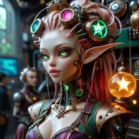 an elf in a steampunk outfit holding a colorful star, in the style of hyper-realistic sculptures, cyberpunk, ai yazawa, detailed facial features, electric color, robotic expressionism, candycore ,( full body:1,5 8k, best quality, intricate details, ultra high res, masterpiece, extremely detailed, cinematic light:1.4), (uhd, sharp focus, digital art:1.0), BREAK, <lora:add-detail-xl:0.8> <lora:DalleAlien:0.8> <lora:mjv6:0.8>