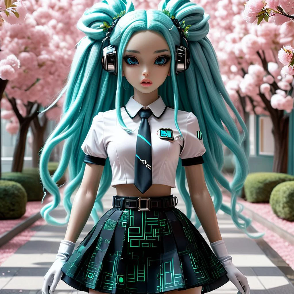 ((2girls :1,5)) female, ((masterpiece, best quality, ultra detailed, absurdres):1.5),mikusound,,miku, hatsune_miku, skirt, holding,shirt, gloves, holding, hair between eyes, twintails, very long hair, closed mouth, standing, short sleeves, pantyhose, pleated skirt, necktie, collared shirt, belt, miniskirt, aqua eyes, blue skirt, black pantyhose, black shirt, aqua hair,head phone, photorealistic, viewed_from_above,((surrealistic grotesque)) ,(( full body:1,5 8k, best quality)), intricate details, ultra high res, masterpiece, extremely detailed, cinematic light:1.4)), ((uhd, sharp focus, digital art:1.0)), BREAK, ((symmetrical, chromatic fantasy)), ((highly detailed)), ((Brightly Lit,Highly Visible)),(( Vibrant Colors,(( Pastel Hues)), ((Analog Style,Kodak Max 400 Film, 20mm f/1.8 lens,Wide Angle Shot.)), ((Symmetrical Composition, ((Whimsical yet Numb)),(( Quirky Character Designs)),(( Dollhouse Aesthetics,. ((Face merged into a matrix code sakura trees l)),(( we see the double exposure break down on the face and numbers flowing like a mushrooms backdrop shimmering)), ((fullbody, ((perfect eyes)), ((perfect features)), ((perfect hands)), ((perfect body)), ((128k)), ((1080p)), ((cinematic quality)), ((cinematic lighting)), ((voodoo)), ((sinister)), ((diabolical)),(( stunningly)) beautiful)), ((maxim)), ((hyper realistic details)), (( psychedelic lsd trip background 1.4)),((bright coloured fractals ((Larry Carlson 1.3)), (( cinematic quality)), ((cinematic lighting)), ((voodoo)), ((sinister)), ((pastel colour palette)),((mark ryden 1.3)) <lora:add-detail-xl:0.8> <lora:DalleAlien:0.8> <lora:mjv6:0.8>