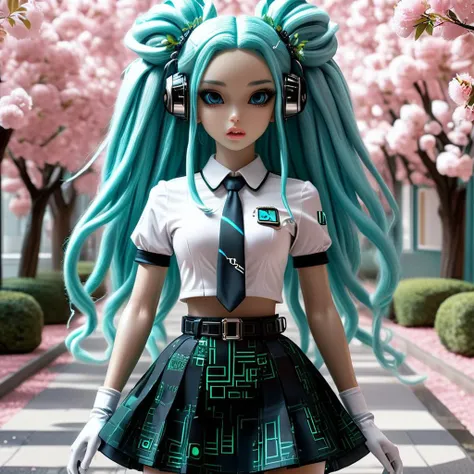 ((2girls :1,5)) female, ((masterpiece, best quality, ultra detailed, absurdres):1.5),mikusound,,miku, hatsune_miku, skirt, holding,shirt, gloves, holding, hair between eyes, twintails, very long hair, closed mouth, standing, short sleeves, pantyhose, pleated skirt, necktie, collared shirt, belt, miniskirt, aqua eyes, blue skirt, black pantyhose, black shirt, aqua hair,head phone, photorealistic, viewed_from_above,((surrealistic grotesque)) ,(( full body:1,5 8k, best quality)), intricate details, ultra high res, masterpiece, extremely detailed, cinematic light:1.4)), ((uhd, sharp focus, digital art:1.0)), BREAK, ((symmetrical, chromatic fantasy)), ((highly detailed)), ((Brightly Lit,Highly Visible)),(( Vibrant Colors,(( Pastel Hues)), ((Analog Style,Kodak Max 400 Film, 20mm f/1.8 lens,Wide Angle Shot.)), ((Symmetrical Composition, ((Whimsical yet Numb)),(( Quirky Character Designs)),(( Dollhouse Aesthetics,. ((Face merged into a matrix code sakura trees l)),(( we see the double exposure break down on the face and numbers flowing like a mushrooms backdrop shimmering)), ((fullbody, ((perfect eyes)), ((perfect features)), ((perfect hands)), ((perfect body)), ((128k)), ((1080p)), ((cinematic quality)), ((cinematic lighting)), ((voodoo)), ((sinister)), ((diabolical)),(( stunningly)) beautiful)), ((maxim)), ((hyper realistic details)), (( psychedelic lsd trip background 1.4)),((bright coloured fractals ((Larry Carlson 1.3)), (( cinematic quality)), ((cinematic lighting)), ((voodoo)), ((sinister)), ((pastel colour palette)),((mark ryden 1.3))  <lora:add-detail-xl:0.8> <lora:DalleAlien:0.8>  <lora:mjv6:0.8>