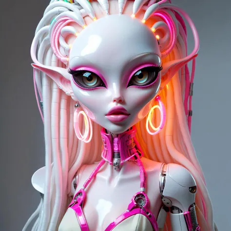 <lora:AlinaXL:0.6> <lora:DalleAlien:0.8> beautiful alien elf girl with big detailed eyes and huge lips , light skin , White porcelain refined exquisite robotic doll with a blush on her cheeks, chrome - plated glowing neon wires from the head and neck, a smooth glossy surface wrapped in linen fabric, fashion fashion style
 ,8k, extreme detailed , colorful , highest detailed