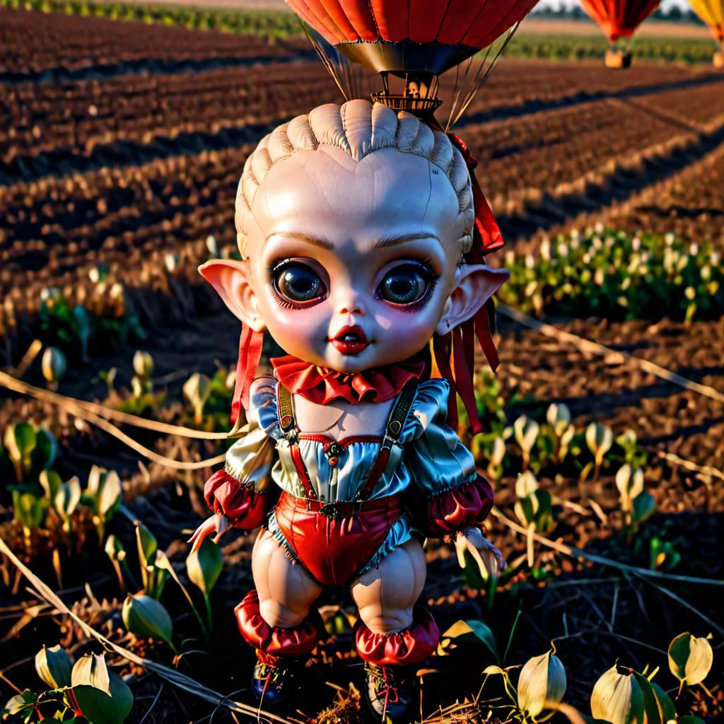 A creepy kewpie dolls head hot air balloon floating just above the ground, perfect eyes, 128k, 1080p, cinematic quality, cinematic lighting, voodoo, sinister, diabolical, testp, stunningly beautiful, maxim, hyper realistic details, lEICA SL2 50mm F 1. 4 kit, mirrorless lens <lora:- SDXL - voodstyle_ Voodoofy_V1.0:0.8> voodstyle <lora:DalleAlien:0.8>