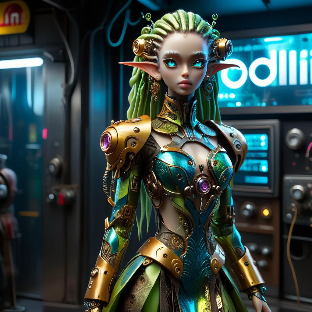 an elf in an old dress is standing with gears)), ((in the style of iridescence/opalescence)), ((hyper-realistic details)), ((colourful assemblages)), ((dollcore)), ((cyberpunk)), ((realistic and hyper-detailed renderings)), ((airbrush art )),(( full body:1,5 8k, best quality, intricate details, ultra high res, masterpiece, extremely detailed, cinematic light:1.4)), ((uhd, sharp focus, digital art:1.0)), BREAK, <lora:add-detail-xl:0.8> <lora:DalleAlien:0.8> <lora:mjv6:0.8>