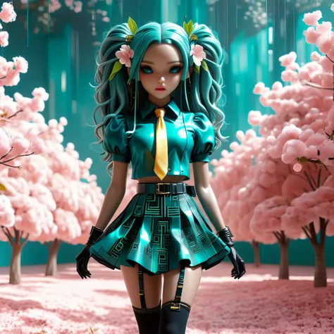 ((2girls :1,5)) female, ((masterpiece, best quality, ultra detailed, absurdres):1.5),mikusound,,miku, hatsune_miku, skirt, holding,shirt, gloves, holding, hair between eyes, twintails, very long hair, closed mouth, standing, short sleeves, pantyhose, pleated skirt, necktie, collared shirt, belt, miniskirt, aqua eyes, blue skirt, black pantyhose, black shirt, aqua hair,head phone, photorealistic, viewed_from_above,((surrealistic grotesque)) ,(( full body:1,5 8k, best quality)), intricate details, ultra high res, masterpiece, extremely detailed, cinematic light:1.4)), ((uhd, sharp focus, digital art:1.0)), BREAK, ((symmetrical, chromatic fantasy)), ((highly detailed)), ((Brightly Lit,Highly Visible)),(( Vibrant Colors,(( Pastel Hues)), ((Analog Style,Kodak Max 400 Film, 20mm f/1.8 lens,Wide Angle Shot.)), ((Symmetrical Composition, ((Whimsical yet Numb)),(( Quirky Character Designs)),(( Dollhouse Aesthetics,. ((Face merged into a matrix code sakura trees l)),(( we see the double exposure break down on the face and numbers flowing like a mushrooms backdrop shimmering)), ((fullbody, ((perfect eyes)), ((perfect features)), ((perfect hands)), ((perfect body)), ((128k)), ((1080p)), ((cinematic quality)), ((cinematic lighting)), ((voodoo)), ((sinister)), ((diabolical)),(( stunningly)) beautiful)), ((maxim)), ((hyper realistic details)), (( psychedelic lsd trip background 1.4)),((bright coloured fractals ((Larry Carlson 1.3)), (( cinematic quality)), ((cinematic lighting)), ((voodoo)), ((sinister)), ((pastel colour palette)),((mark ryden 1.3))  <lora:add-detail-xl:0.8> <lora:DalleAlien:0.8>  <lora:mjv6:0.8>