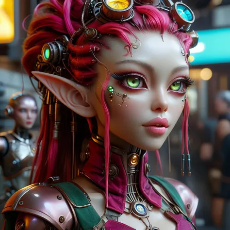 an elf in a steampunk outfit holding a colorful star, in the style of hyper-realistic sculptures, cyberpunk, ai yazawa, detailed facial features, electric color, robotic expressionism, candycore ,( full body:1,5 8k, best quality, intricate details, ultra high res, masterpiece, extremely detailed, cinematic light:1.4), (uhd, sharp focus, digital art:1.0), BREAK,  <lora:add-detail-xl:0.8> <lora:DalleAlien:0.8>  <lora:mjv6:0.8>