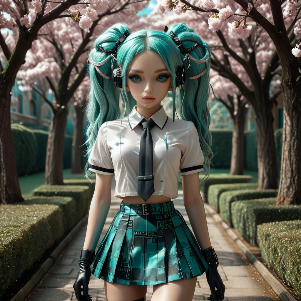 ((2girls :1,5)) female, ((masterpiece, best quality, ultra detailed, absurdres):1.5),mikusound,,miku, hatsune_miku, skirt, holding,shirt, gloves, holding, hair between eyes, twintails, very long hair, closed mouth, standing, short sleeves, pantyhose, pleated skirt, necktie, collared shirt, belt, miniskirt, aqua eyes, blue skirt, black pantyhose, black shirt, aqua hair,head phone, photorealistic, viewed_from_above,((surrealistic grotesque)) ,(( full body:1,5 8k, best quality)), intricate details, ultra high res, masterpiece, extremely detailed, cinematic light:1.4)), ((uhd, sharp focus, digital art:1.0)), BREAK, ((symmetrical, chromatic fantasy)), ((highly detailed)), ((Brightly Lit,Highly Visible)),(( Vibrant Colors,(( Pastel Hues)), ((Analog Style,Kodak Max 400 Film, 20mm f/1.8 lens,Wide Angle Shot.)), ((Symmetrical Composition, ((Whimsical yet Numb)),(( Quirky Character Designs)),(( Dollhouse Aesthetics,. ((Face merged into a matrix code sakura trees l)),(( we see the double exposure break down on the face and numbers flowing like a mushrooms backdrop shimmering)), ((fullbody, ((perfect eyes)), ((perfect features)), ((perfect hands)), ((perfect body)), ((128k)), ((1080p)), ((cinematic quality)), ((cinematic lighting)), ((voodoo)), ((sinister)), ((diabolical)),(( stunningly)) beautiful)), ((maxim)), ((hyper realistic details)), (( psychedelic lsd trip background 1.4)),((bright coloured fractals ((Larry Carlson 1.3)), (( cinematic quality)), ((cinematic lighting)), ((voodoo)), ((sinister)), ((pastel colour palette)),((mark ryden 1.3)) <lora:add-detail-xl:0.8> <lora:DalleAlien:0.8> <lora:mjv6:0.8>