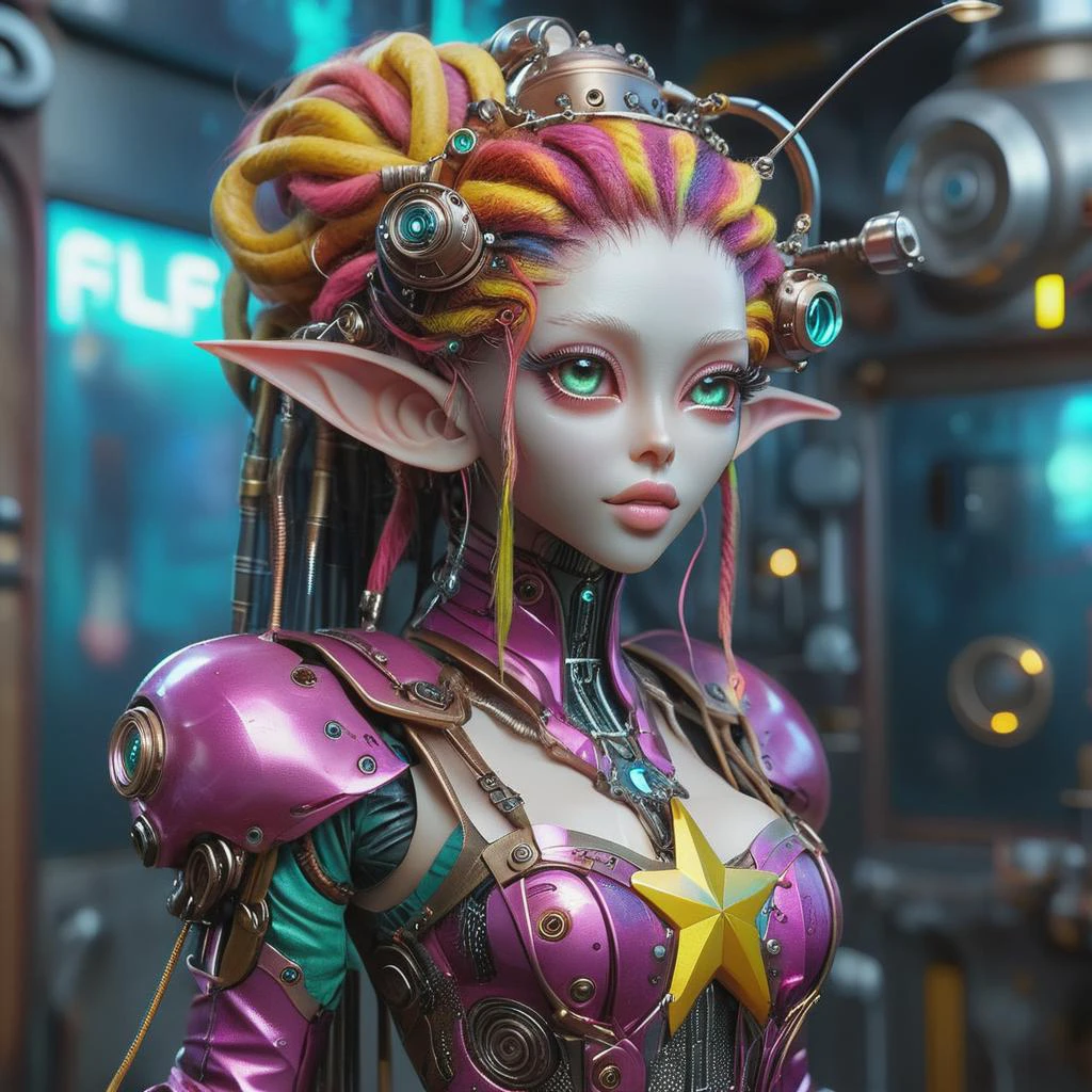 an elf in a steampunk outfit holding a colorful star, in the style of hyper-realistic sculptures, cyberpunk, ai yazawa, detailed facial features, electric color, robotic expressionism, candycore ,( full body:1,5 8k, best quality, intricate details, ultra high res, masterpiece, extremely detailed, cinematic light:1.4), (uhd, sharp focus, digital art:1.0), BREAK, <lora:add-detail-xl:0.8> <lora:DalleAlien:0.8> <lora:mjv6:0.8>