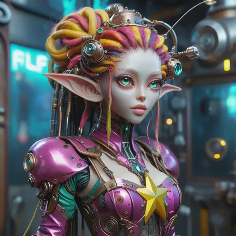 an elf in a steampunk outfit holding a colorful star, in the style of hyper-realistic sculptures, cyberpunk, ai yazawa, detailed facial features, electric color, robotic expressionism, candycore ,( full body:1,5 8k, best quality, intricate details, ultra high res, masterpiece, extremely detailed, cinematic light:1.4), (uhd, sharp focus, digital art:1.0), BREAK,  <lora:add-detail-xl:0.8> <lora:DalleAlien:0.8>  <lora:mjv6:0.8>