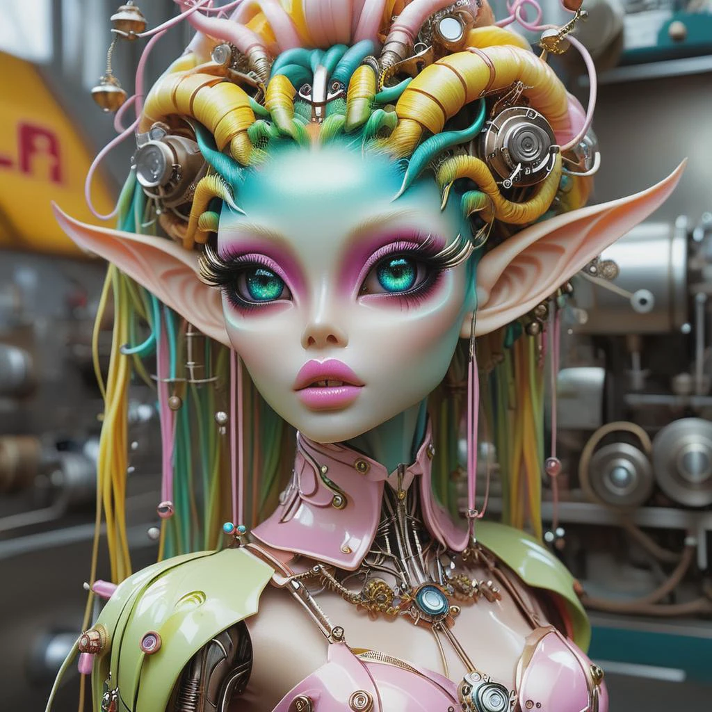 industrial elf by matt_dunker, in the style of colorful fantasy, dollcore, photorealistic detailing, angura kei, hypercolorful dreamscapes, mechanized precision, fairycore, <lora:add-detail-xl:0.8> <lora:DalleAlien:0.8> <lora:mjv6:0.8>