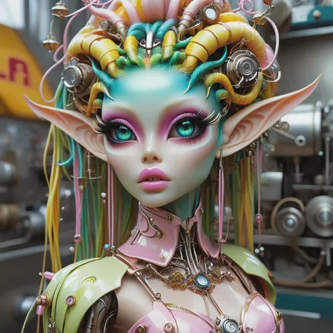 industrial elf by matt_dunker, in the style of colorful fantasy, dollcore, photorealistic detailing, angura kei, hypercolorful dreamscapes, mechanized precision, fairycore,  <lora:add-detail-xl:0.8> <lora:DalleAlien:0.8>  <lora:mjv6:0.8>