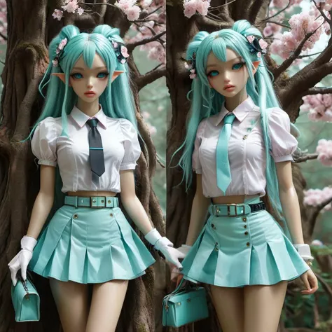 ((2girls :1,5)) female, ((masterpiece, best quality, ultra detailed, absurdres):1.5),mikusound,,miku, hatsune_miku, skirt, holding,shirt, gloves, holding, hair between eyes, twintails, very long hair, closed mouth, standing, short sleeves, pantyhose, pleated skirt, necktie, collared shirt, belt, miniskirt, aqua eyes, blue skirt, black pantyhose, black shirt, aqua hair,head phone, photorealistic, viewed_from_above,((surrealistic grotesque)) ,(( full body:1,5 8k, best quality)), intricate details, ultra high res, masterpiece, extremely detailed, cinematic light:1.4)), ((uhd, sharp focus, digital art:1.0)), BREAK, ((symmetrical, chromatic fantasy)), ((highly detailed)), ((Brightly Lit,Highly Visible)),(( Vibrant Colors,(( Pastel Hues)), ((Analog Style,Kodak Max 400 Film, 20mm f/1.8 lens,Wide Angle Shot.)), ((Symmetrical Composition, ((Whimsical yet Numb)),(( Quirky Character Designs)),(( Dollhouse Aesthetics,. ((Face merged into a matrix code sakura trees l)),(( we see the double exposure break down on the face and numbers flowing like a mushrooms backdrop shimmering)), ((fullbody, ((perfect eyes)), ((perfect features)), ((perfect hands)), ((perfect body)), ((128k)), ((1080p)), ((cinematic quality)), ((cinematic lighting)), ((voodoo)), ((sinister)), ((diabolical)),(( stunningly)) beautiful)), ((maxim)), ((hyper realistic details)), (( psychedelic lsd trip background 1.4)),((bright coloured fractals ((Larry Carlson 1.3)), (( cinematic quality)), ((cinematic lighting)), ((voodoo)), ((sinister)), ((pastel colour palette)),((mark ryden 1.3))  <lora:add-detail-xl:0.8> <lora:DalleAlien:0.8>  <lora:mjv6:0.8>