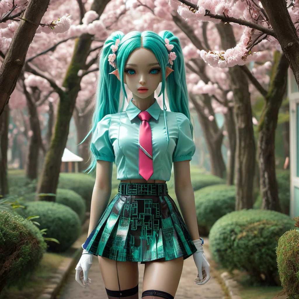 ((2girls :1,5)) female, ((masterpiece, best quality, ultra detailed, absurdres):1.5),mikusound,,miku, hatsune_miku, skirt, holding,shirt, gloves, holding, hair between eyes, twintails, very long hair, closed mouth, standing, short sleeves, pantyhose, pleated skirt, necktie, collared shirt, belt, miniskirt, aqua eyes, blue skirt, black pantyhose, black shirt, aqua hair,head phone, photorealistic, viewed_from_above,((surrealistic grotesque)) ,(( full body:1,5 8k, best quality)), intricate details, ultra high res, masterpiece, extremely detailed, cinematic light:1.4)), ((uhd, sharp focus, digital art:1.0)), BREAK, ((symmetrical, chromatic fantasy)), ((highly detailed)), ((Brightly Lit,Highly Visible)),(( Vibrant Colors,(( Pastel Hues)), ((Analog Style,Kodak Max 400 Film, 20mm f/1.8 lens,Wide Angle Shot.)), ((Symmetrical Composition, ((Whimsical yet Numb)),(( Quirky Character Designs)),(( Dollhouse Aesthetics,. ((Face merged into a matrix code sakura trees l)),(( we see the double exposure break down on the face and numbers flowing like a mushrooms backdrop shimmering)), ((fullbody, ((perfect eyes)), ((perfect features)), ((perfect hands)), ((perfect body)), ((128k)), ((1080p)), ((cinematic quality)), ((cinematic lighting)), ((voodoo)), ((sinister)), ((diabolical)),(( stunningly)) beautiful)), ((maxim)), ((hyper realistic details)), (( psychedelic lsd trip background 1.4)),((bright coloured fractals ((Larry Carlson 1.3)), (( cinematic quality)), ((cinematic lighting)), ((voodoo)), ((sinister)), ((pastel colour palette)),((mark ryden 1.3)) <lora:add-detail-xl:0.8> <lora:DalleAlien:0.8> <lora:mjv6:0.8>