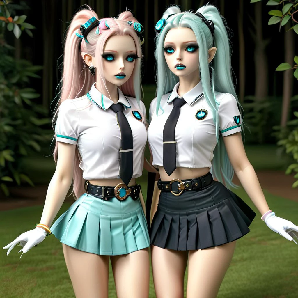 ((2girls :1,5)) female, ((masterpiece, best quality, ultra detailed, absurdres):1.5),mikusound,,miku, hatsune_miku, skirt, holding,shirt, gloves, holding, hair between eyes, twintails, very long hair, closed mouth, standing, short sleeves, pantyhose, pleated skirt, necktie, collared shirt, belt, miniskirt, aqua eyes, blue skirt, black pantyhose, black shirt, aqua hair,head phone, photorealistic, viewed_from_above,((surrealistic grotesque)) ,(( full body:1,5 8k, best quality)), intricate details, ultra high res, masterpiece, extremely detailed, cinematic light:1.4)), ((uhd, sharp focus, digital art:1.0)), BREAK, ((symmetrical, chromatic fantasy)), ((highly detailed)), ((Brightly Lit,Highly Visible)),(( Vibrant Colors,(( Pastel Hues)), ((Analog Style,Kodak Max 400 Film, 20mm f/1.8 lens,Wide Angle Shot.)), ((Symmetrical Composition, ((Whimsical yet Numb)),(( Quirky Character Designs)),(( Dollhouse Aesthetics,. ((Face merged into a matrix code sakura trees l)),(( we see the double exposure break down on the face and numbers flowing like a mushrooms backdrop shimmering)), ((fullbody, ((perfect eyes)), ((perfect features)), ((perfect hands)), ((perfect body)), ((128k)), ((1080p)), ((cinematic quality)), ((cinematic lighting)), ((voodoo)), ((sinister)), ((diabolical)),(( stunningly)) beautiful)), ((maxim)), ((hyper realistic details)), (( psychedelic lsd trip background 1.4)),((bright coloured fractals ((Larry Carlson 1.3)), (( cinematic quality)), ((cinematic lighting)), ((voodoo)), ((sinister)), ((pastel colour palette)),((mark ryden 1.3)) <lora:add-detail-xl:0.8> <lora:DalleAlien:0.8> <lora:mjv6:0.8>