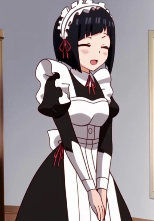 <lora:Kujo_Miyuki:0.8>, Kujo_Miyuki, 1girl, solo, open mouth, long sleeves, dress, ribbon, standing, closed eyes, puffy sleeves, indoors, apron, black dress, maid, maid headdress, juliet sleeves, facing viewer, maid apron, v arms,