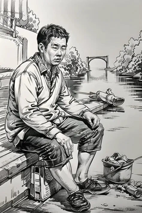 masterpiece,best quality,(The man is fishing by the river:1.2),(1man:1.2),(solo:1.2),(fishing:1.2),(perfect facial features:1.3),suxie,line art,black and white style,<lora:suxierenV1-000012:0.9>,