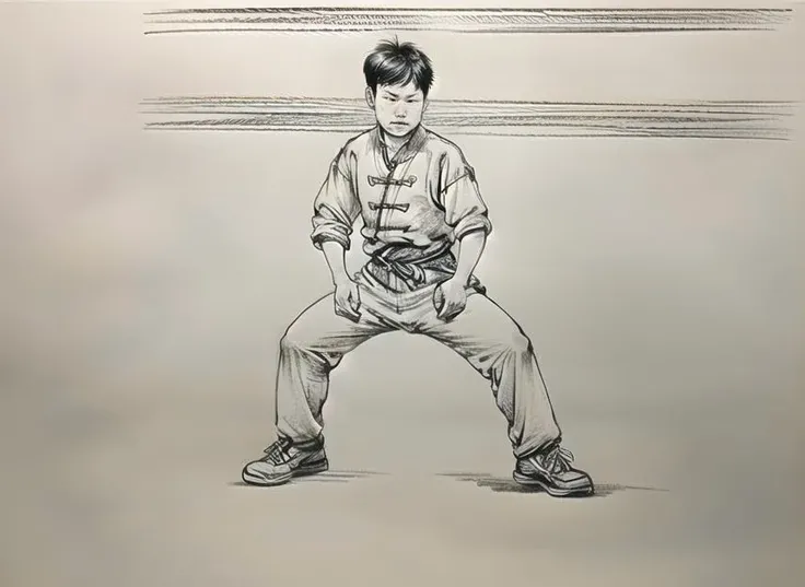 masterpiece,best quality,(The boy is practicing Chinese kung Fu:1.2),(1boy:1.2),,(solo:1.2),(perfect facial features:1.3),suxie,line art,blank background,black and white style,<lora:suxierenV1-000012:0.9>,