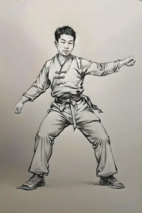 masterpiece,best quality,(The boy is practicing Chinese kung Fu:1.2),(1boy:1.2),(solo:1.2),(perfect facial features:1.3),suxie,line art,blank background,black and white style,<lora:suxierenV1-000012:0.9>,