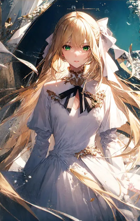 1girl,blonde hair, green eyes, tied hair, long hair, white dress, anisphia,<lora:anisphiaWynnPalettia_v2:0.8><lora:style_Rella:1>