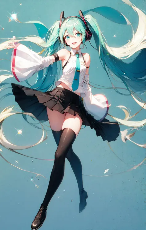 1girl, aqua_eyes, aqua_hair, aqua_necktie, bare_shoulders, black_footwear, black_legwear, black_skirt, black_sleeves, blue_hair, blue_necktie, blush, boots, detached_sleeves, floating_hair, full_body, gradient, gradient_background, hair_between_eyes, hair_ornament, (hatsune_miku:0.7), headphones, headset, long_hair, looking_at_viewer, miniskirt, necktie, open_mouth, pleated_skirt, shirt, skirt, sleeveless, sleeveless_shirt, smile, solo, sparkle, thigh_boots, thighhighs, twintails, very_long_hair, zettai_ryouiki <lora:style_Rella:1>