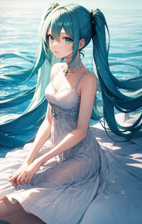 Crystal, Ghibli style, takamichi style, Watercolor style, watercolor pencil, paper texture, Hatsune Miku,
