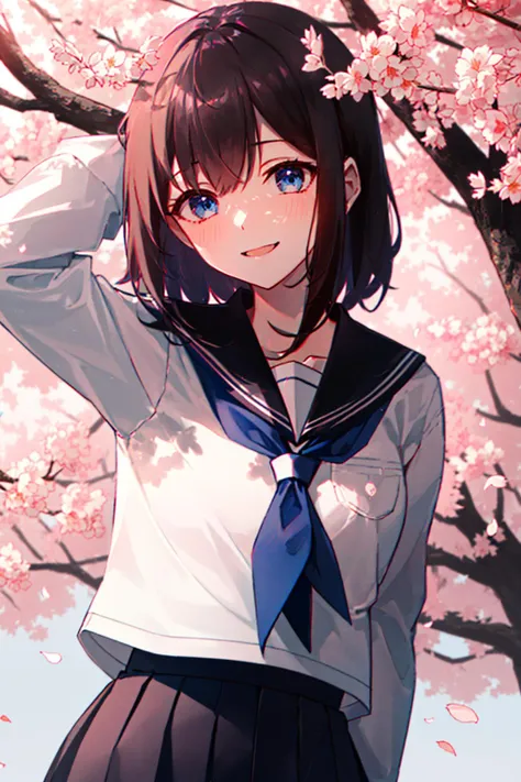 (upper_body:1.5), close-up, cherry_blossoms, outdoors, day, spring_\(season\), 1girl, smile, solo, bangs, blue_eyes, blush, closed_mouth, looking_at_viewer, long_hair, brown_hair, branch, eyebrows_visible_through_hair, floating_hair,hair_between_eyes, blue_sailor_collar, serafuku, long_sleeves, neckerchief, pleated skirt, pink_flower, petals, tree, white_shirt, wind, railing, sky <lora:style_Rella:1>