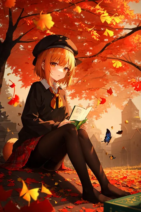 autumn, autumn_leaves, book, falling_leaves, ginkgo_leaf, leaf, maple_leaf, open_book, 1girl, holding_book, holding_leaf, against_tree, hat, leaves_in_wind, yellow_butterfly, solo, butterfly, skirt, bug, leaf_on_head, tree, short_hair, shirt, reading, pantyhose, red_skirt, sitting, bird, plaid, white_shirt, black_legwear, holding, leaf_background, outdoors, beret, ribbon, orange_flower, dragonfly, medium_breasts, yellow_sky, looking_at_viewer, red_headwear, bookmark, open_clothes, black_hair, orange_theme, squirrel, acorn, brown_hair, animal, white_butterfly, on_ground, bow, collared_shirt, under_tree, long_sleeves, feathers, day, branch, bangs <lora:style_Rella:1>