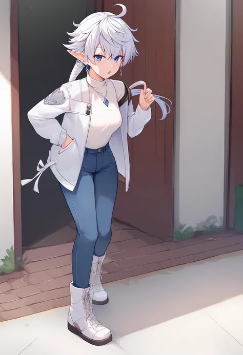 1girl,
alisaie leveilleur,
elezen, ponytail, white shirt, denim, open mouth, long hair, elf, hair ribbon, boots, standing, white ribbon, jacket, jeans, white background, looking at viewer, white footwear, sneakers, long sleeves, solo, white hair, earrings, open clothes, turtleneck, blue eyes, jewelry, shoes, ribbon, pants, full body, pointy ears, open jacket, shirt,
score_9, sfw
<lora:pony_char_alisaie_leveilleur-000008:1>