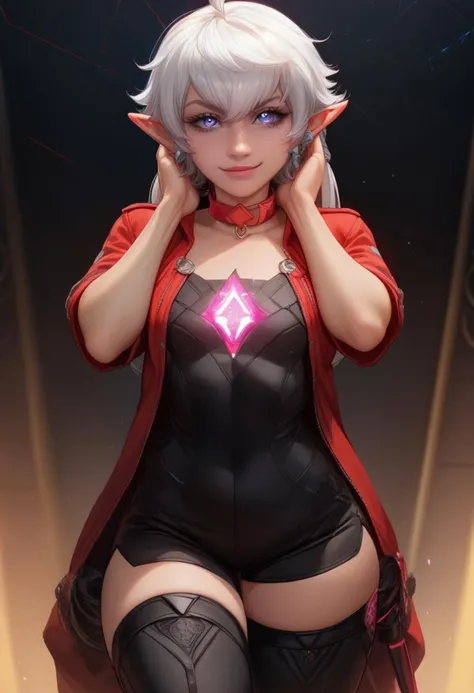 <lora:Kittew-4RCH0N:1>, 4RCH0N,,score_9, score_8_up, score_7_up, score_6_up, 1girl, solo, alone ,alisaie leveilleur ,solo, perfect face, perfect eyes,cute face, small breasts, flat chested, thin hips, petite body, smug, hands on neck, black jumpsuit ,shorts, red crop jacket, short sleeves, thighhighs, , (glowing pink collar:2.0), glowing collar, glowing pink eyes, smile
<lora:Better_expressionsH:0.8> <lora:Realistic_Anime_Style_-_Pony:0.8> ,